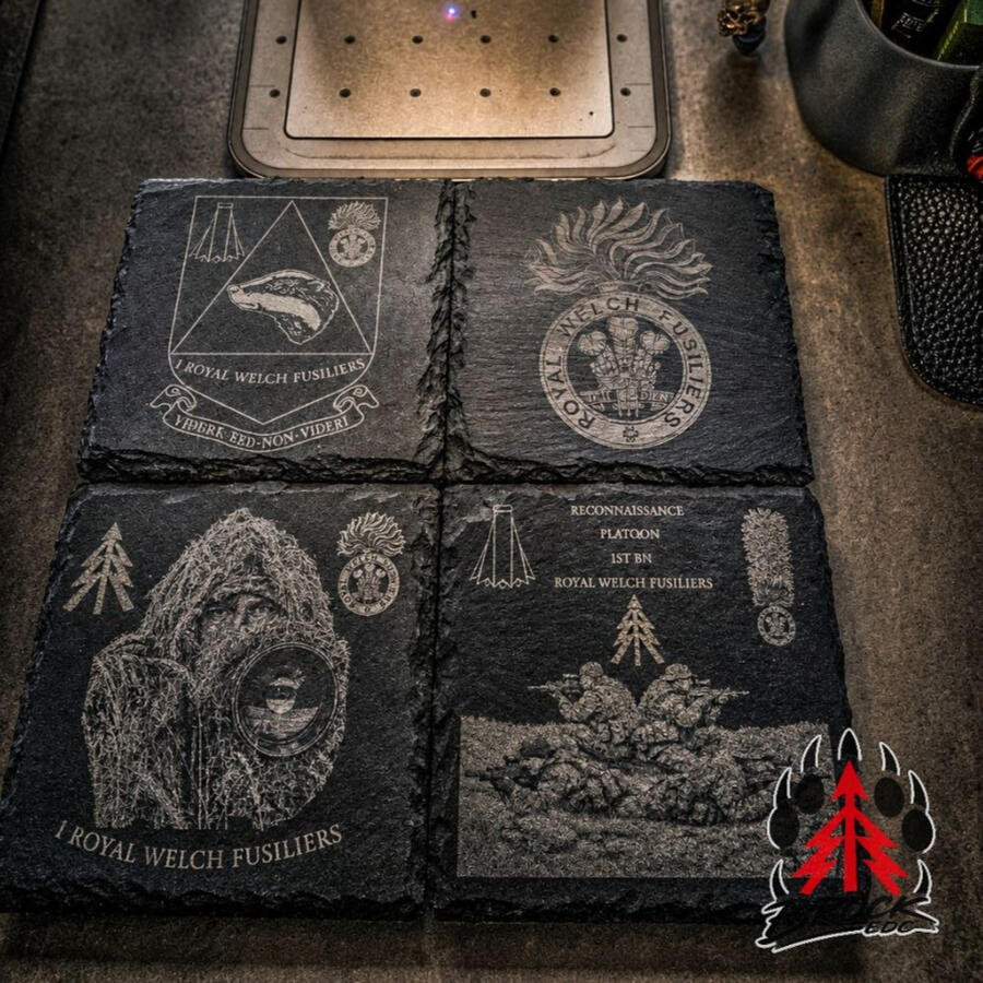 Natural slate coasters individually laser engraved with detailed military and regimental artwork.